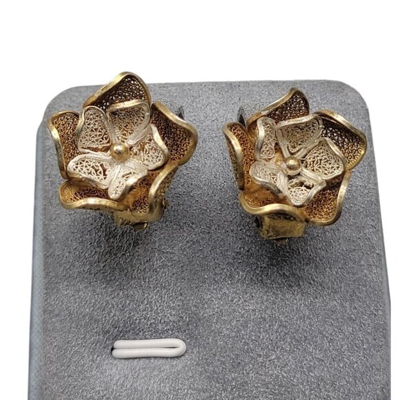 800 Silver Flower Clip On Earrings Gold Wash Two Tone Vintage - Picture 4 of 11